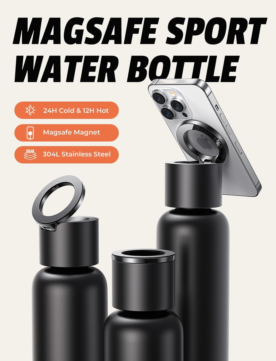 Professional Title: "24oz Stainless Steel Travel Water Bottle with Handle and Phone Holder - Leak Proof, BPA-Free, Adjustable Angles"